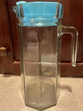 Vintage Octagonal Paneled Glass Pitcher w/BLUE Lid 1.5 Liter KIG Indonesia