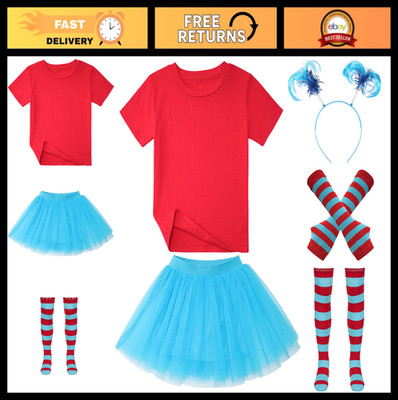 Girls Halloween Costume Set - Red Shirt, Blue Tutu Skirt, Headband, Gloves & Soc