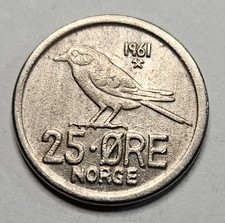 1961 Norway 25 Ore - Copper Nickel Coin - Norwegian - World Coin - Europe