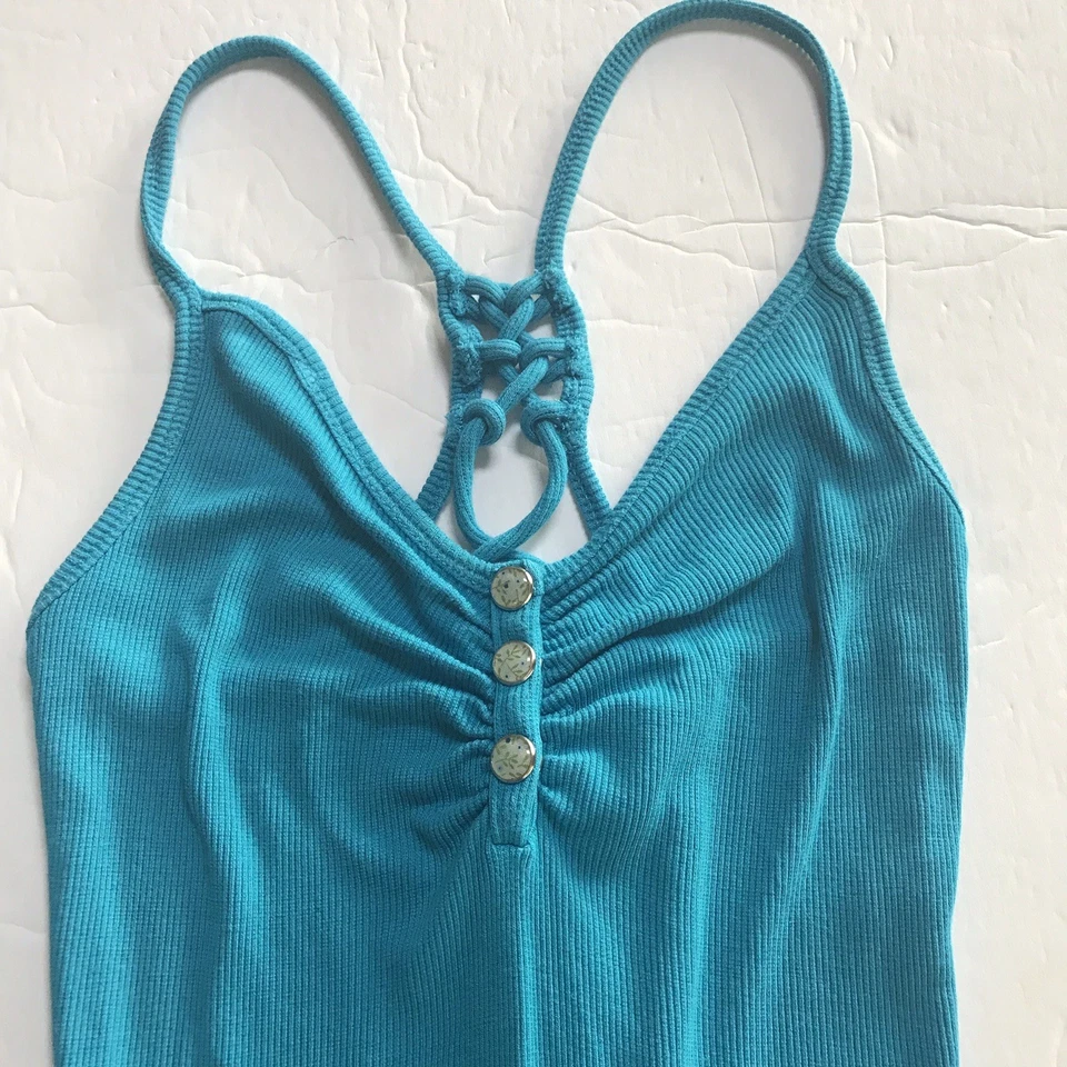 Y2K Guess Babydoll Cami Top XS Laced Ribbed Camisole Floral Henley Snap Grunge - Image 3 of 4