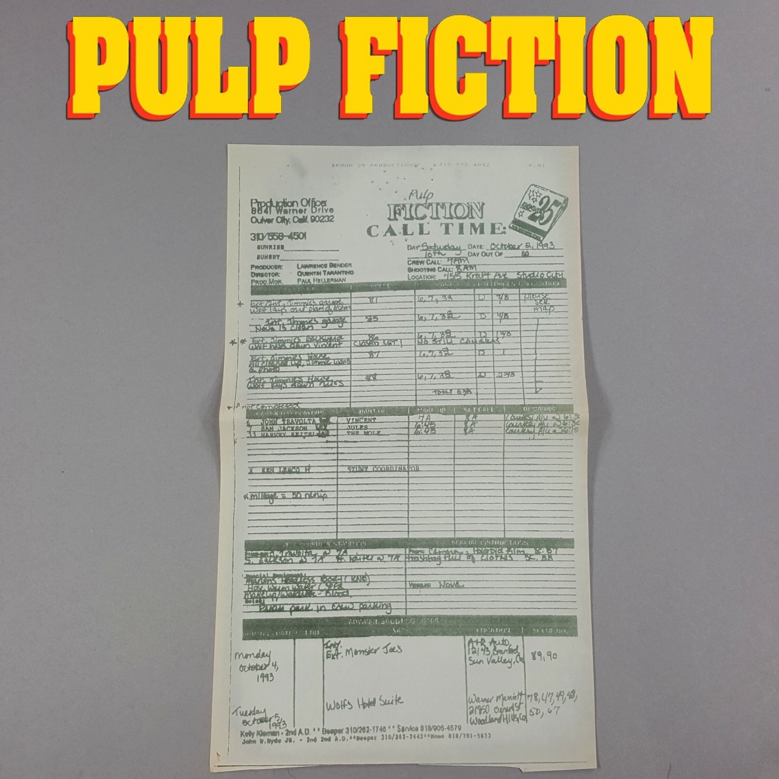 Pulp Fiction Movie Call Sheet - Jimmie's Garage Samuel L. Jackson Tarantino 10th
