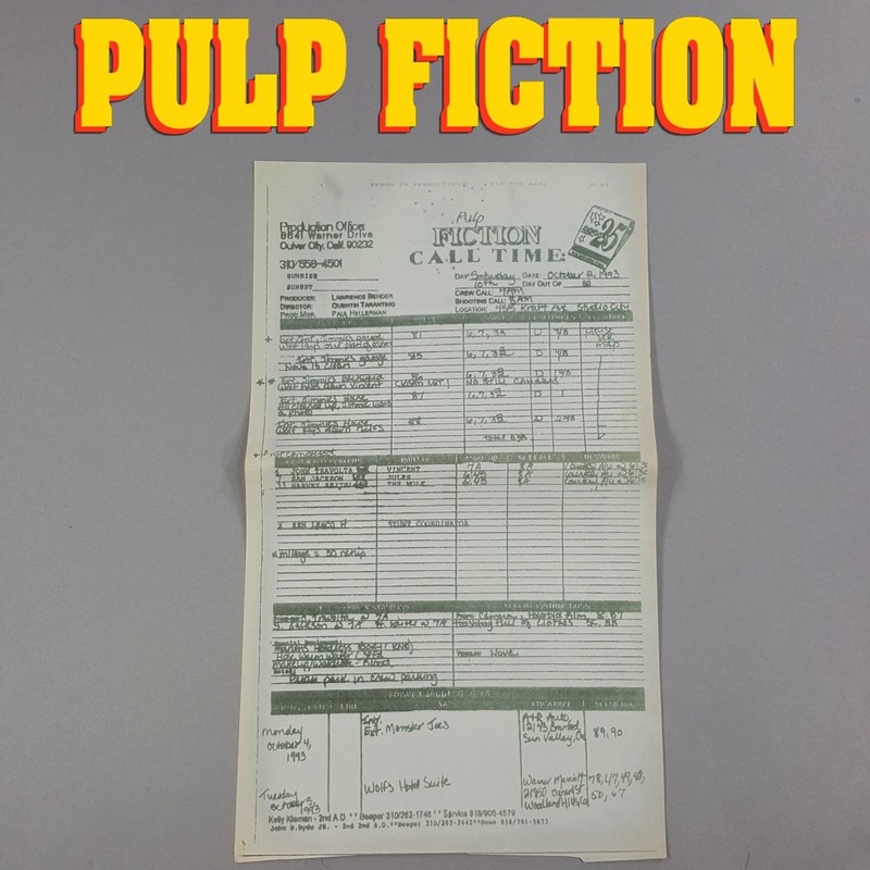 Image 11 of Pulp Fiction Movie Call Sheet - Jimmie's Garage Samuel L. Jackson Tarantino 10th