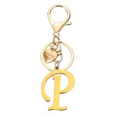 Initial Letter P Keychain Stainless Steel Heart Alphabet Key Ring Gold