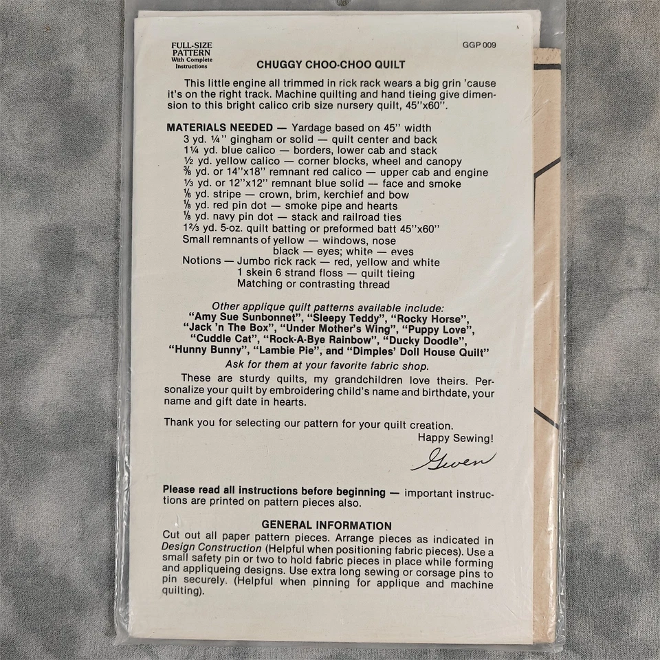 Vintage 1979 Gingham Goose Chuggy Choo-Choo Quilt Applique Pattern Crib VIP OOP - Image 3 of 3