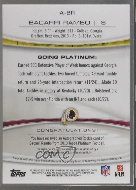 2013 Topps Platinum Rookie Refractors Purple /25 Bacarri Rambo #A-BR Auto RC - Image 2 of 2