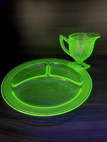 Uranium Depression Glass Divided Grill Plate 9.5" & Indiana Horseshoe Creamer 4"