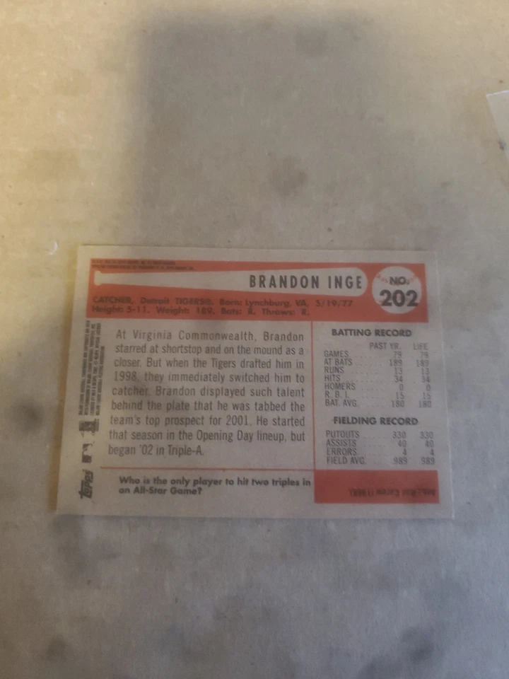 2002 Bowman Heritage Brandon Inge Inge IP Auto Autograph Tigers !!! - Image 2 of 2