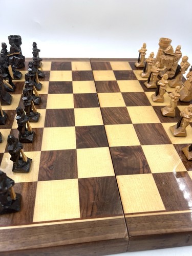 Hand Carved Wooden Chess Set & Board Vintage Medieval Complete Folding - Picture 2 of 24