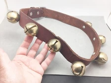Horse Sleigh Sled 7 Brass Bells (1.5") on Leather Strap 38" long w/ Buckle X-mas