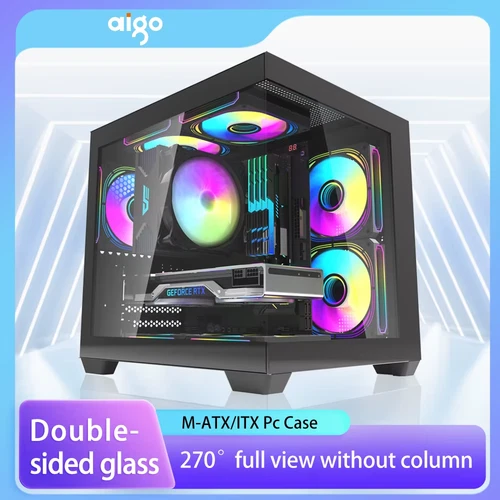 Aigo 275P PC Case Dual Tempered Glass 270° View M-ATX/ITX Gaming Computer Case