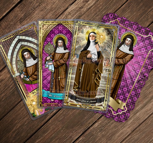 Saint Clare of Assisi, Italy laminated Prayer card. St. Clare Statue ...