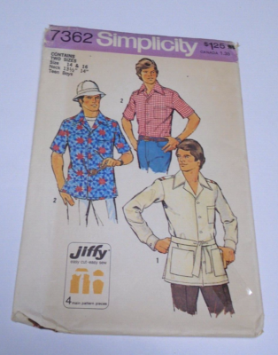 1970s Simplicity 7362 Pattern Men's Casual Sport Shirt SZ 14 & 16