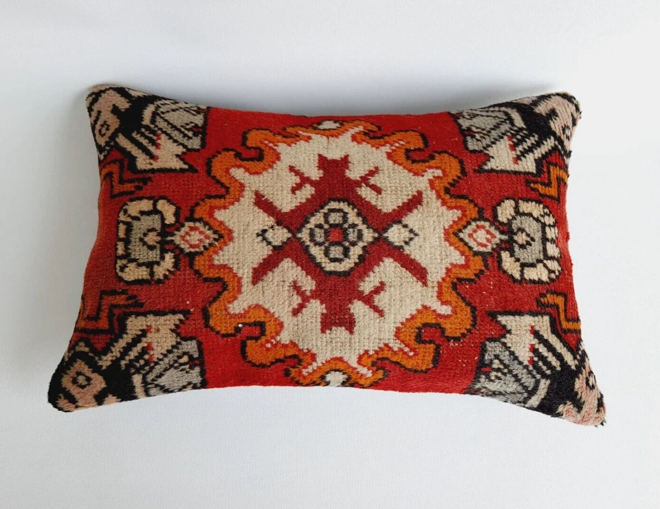 decorative rustic turkish wool rug pillow cover , 16x24 inches red and black - Image 2 of 4