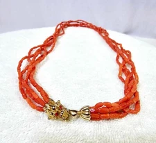 Marked 925 Goldplated dragon clasp red eye coral bead 5 strands necklace 22"-B10