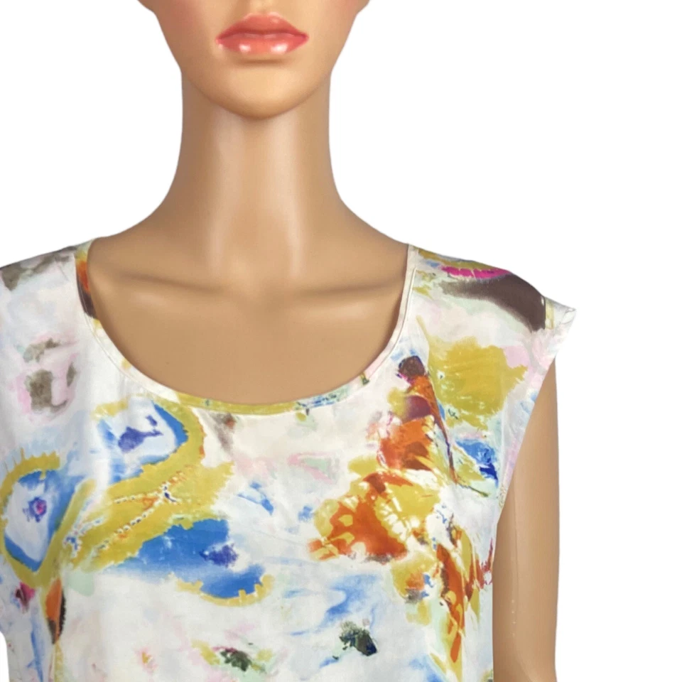 Blusa Matty M laranja azul amarela seda manga curta gola redonda tamanho pequeno - Imagem 2 de 4