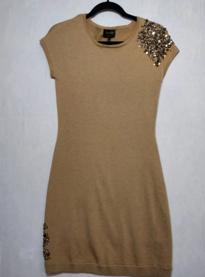 Sexy Vestido Suéter De Colección Talla S Con Cuentas Shelli Segal Tostado Tejido Brillante Estrás Forrado Foto 2 de 4