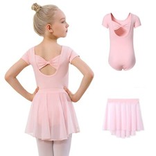 Pink Girls Ballet Leotards with Removable Skirt Toddler Hollow Back Dance Dre...