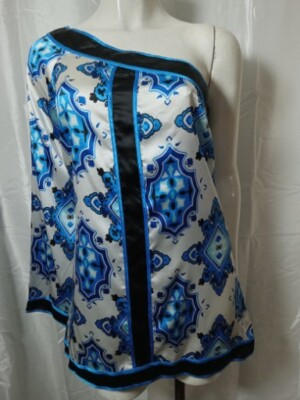 Vintage Bebe Women One Shoulder Tunic Mini Dress Or Long Blouse Bell Sleeve Sz S