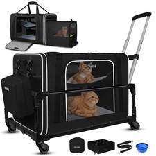 Side Expandable Extra Large Cat Carrier with Wheels and Litter Box, 24"x17"x1...