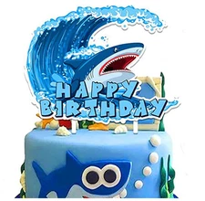 Blue Shark Theme Birthday Cake Topper w/Sticks, Adhesive & 20 Cupcake Toppers