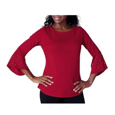 QUACKER FACTORY Red Top sz S Pearl Embellished 3/4 Bell Sleeve Stretch Knit NWT