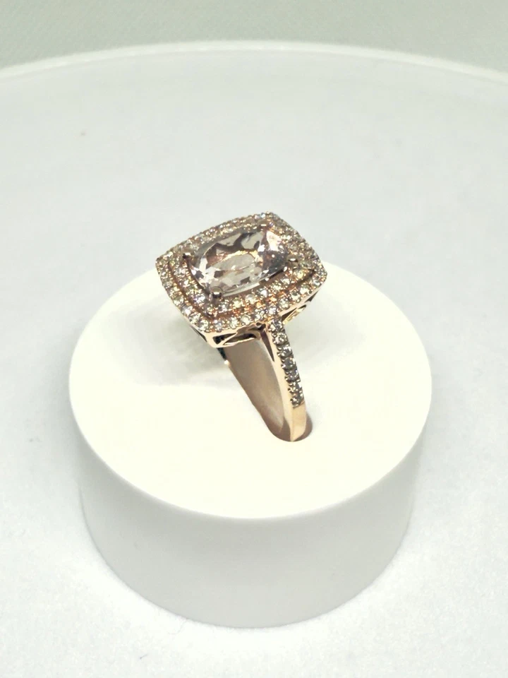 Anillo de oro rosa de 14 quilates - solitario de morganita talla barril - diamantes de 0,37 quilates Foto 2 de 4