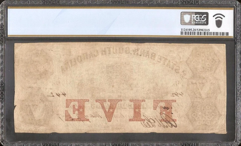 1857 $5 DOLLAR BILL SOUTH CAROLINA BANK NOTE LARGE OLD PAPER MONEY PCGS 20 - Image 2 of 2