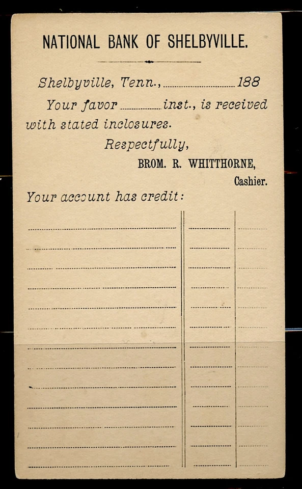 POSTAL CARD Sc# UX8 UNUSED PRE PRINTED ON REVERSE NAT.BANK of SHELBVILLE TENN. - Image 2 of 3