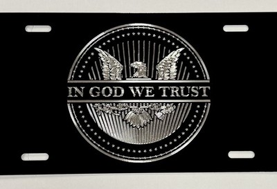 Engraved IN GOD WE TRUST US Car Tag Diamond Etched Black Metal License Plate