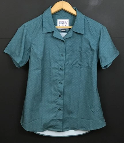 RSVLTS Women's KUNUFLEX Short Sleeve Button Up Shirt Teal Geometric Top Size M