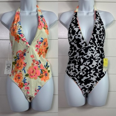 NWT Maaji Reversible One Piece Halter Swimsuit Multicolor Print sz L