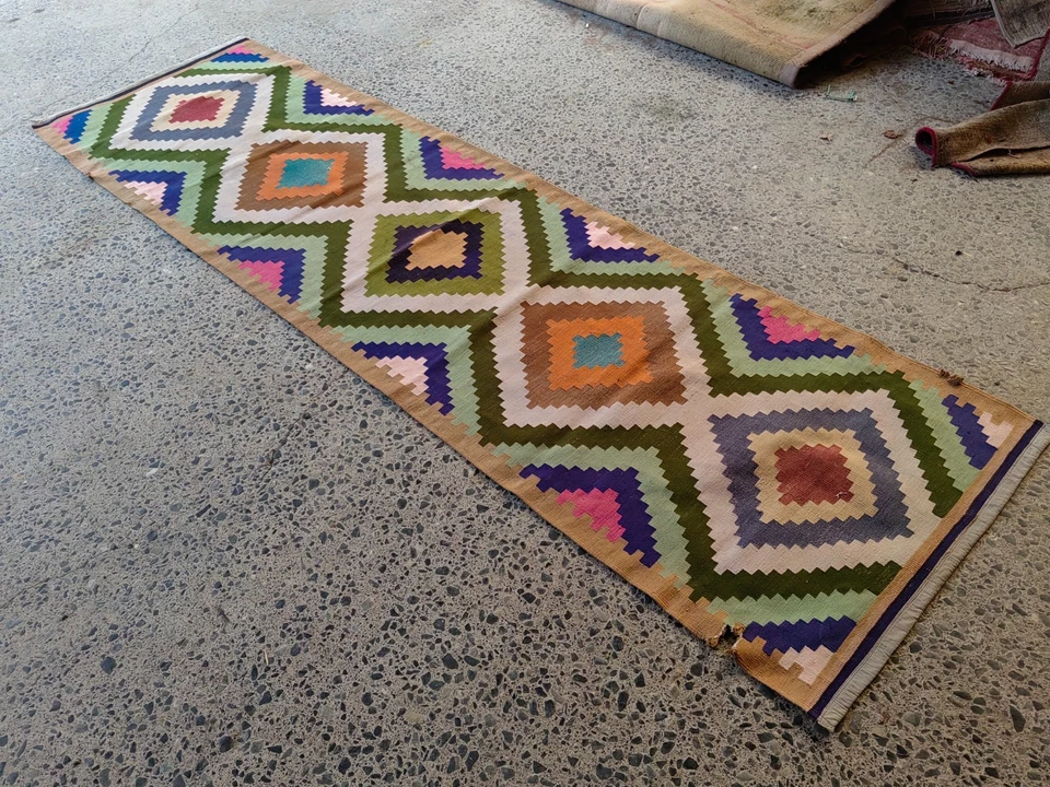 Kilim Runner turco vintage 3x10,6 pies | diamante geométrico colorido Foto 4 de 4
