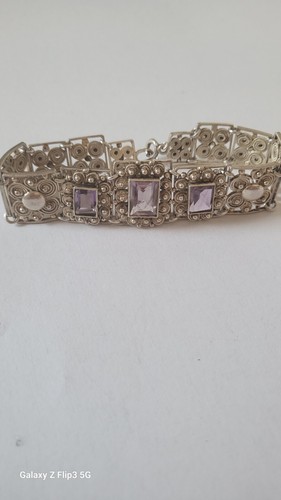 Jugendstil 835er Silber Armband 3xAmethysten 4xBlumen verziert Set Antikschmuck