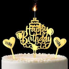 Happy Birthday Cake Candle Topper for Birthday Party Decorations Acrylic Gold...