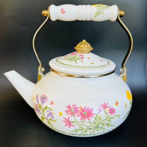 White Floral Wildflower Metal Enamel Stove Top Tea Kettle - Picture 1 of 8