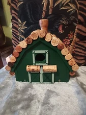 Painted green barn shaped wood bird house,wine cork roof,cute.
