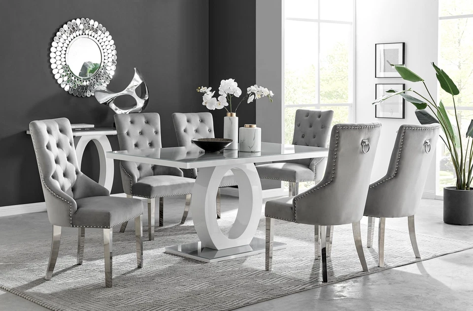 GIOVANI White Gloss Grey Glass Dining Table & 6 Knockerback Belgravia Chairs