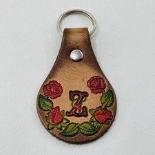 Leather Letter Z Keyring Key Holder Initial Name Personalized Flower Rose Brown
