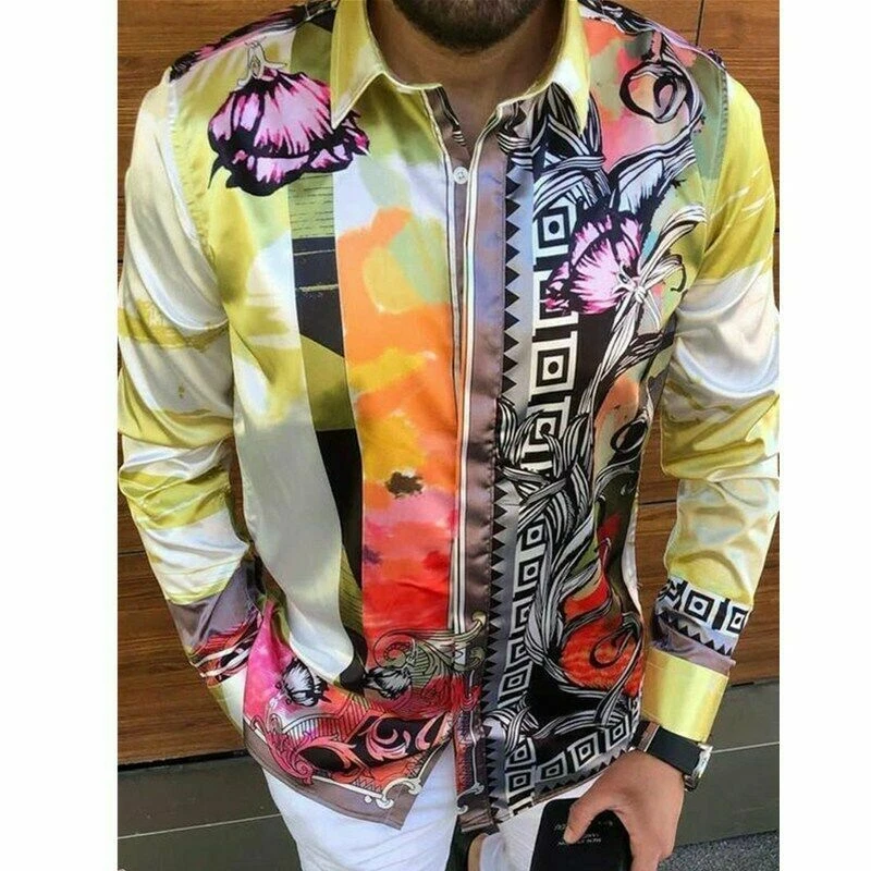 Button Down Shirt Men Yellow Floral Long Sleeve Hawaiian Party Casual Dress Soft