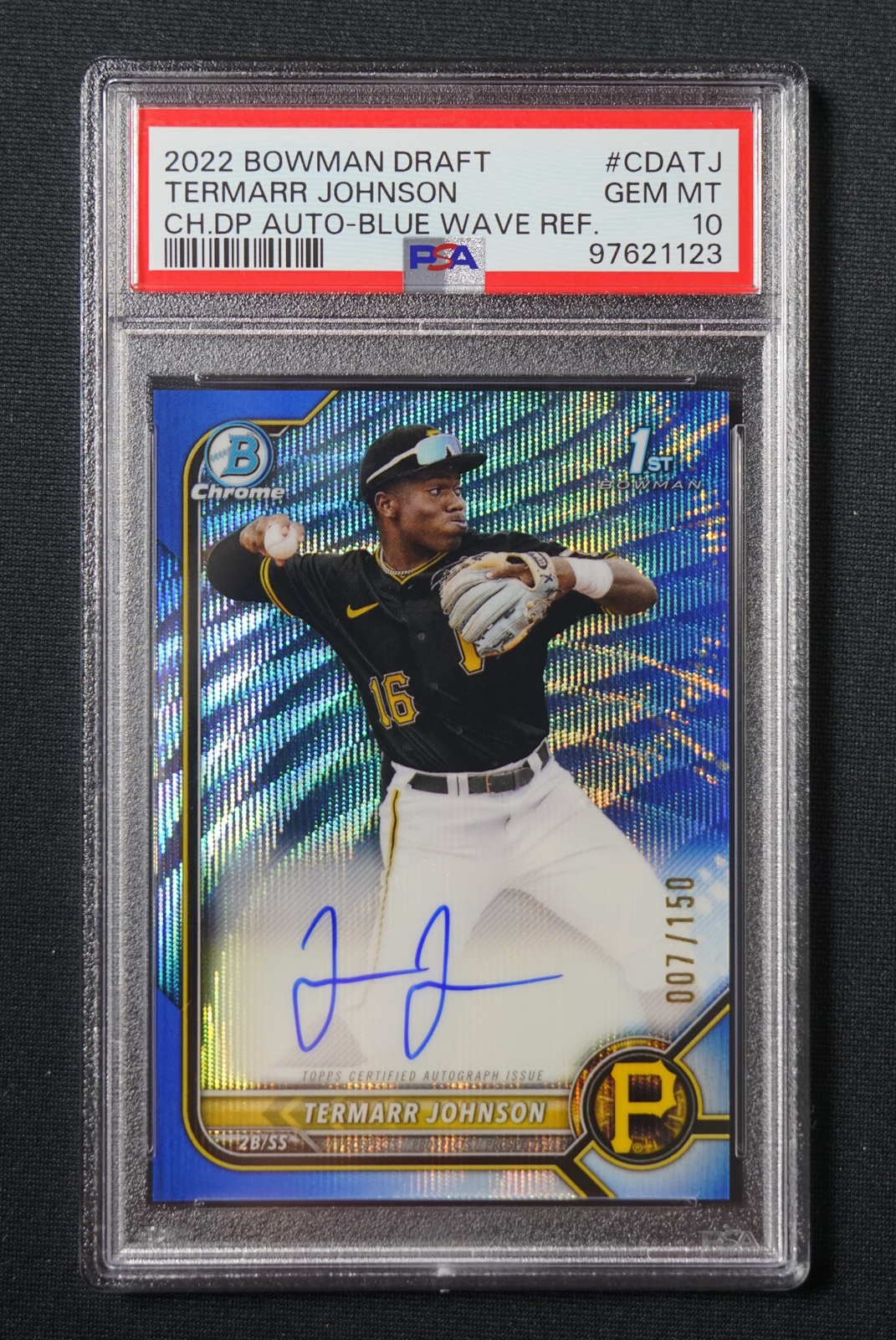 2022 Bowman Draft Termarr Johnson 1st Chrome Blue Wave Auto /150 PSA