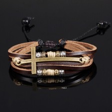Mens Women Brown Cross Leather Bracelet Wristband Cuff Punk Bangle Rope