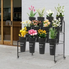 3 Layers Moving Plant Cart Shelf with Wheels Flower Display Stand + 12 Buckets