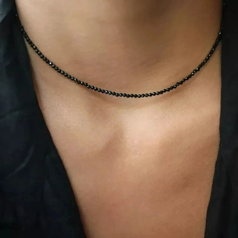 天然黑色黑曜石 2 毫米串珠项圈修复灵气保护女式项链 — 第 2/4 张图片