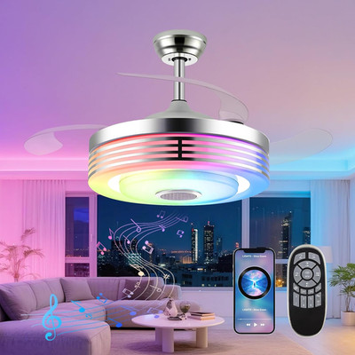 48'' Bluetooth Fandelier with Light & Music, 3 Retractable Blades, Remote Control