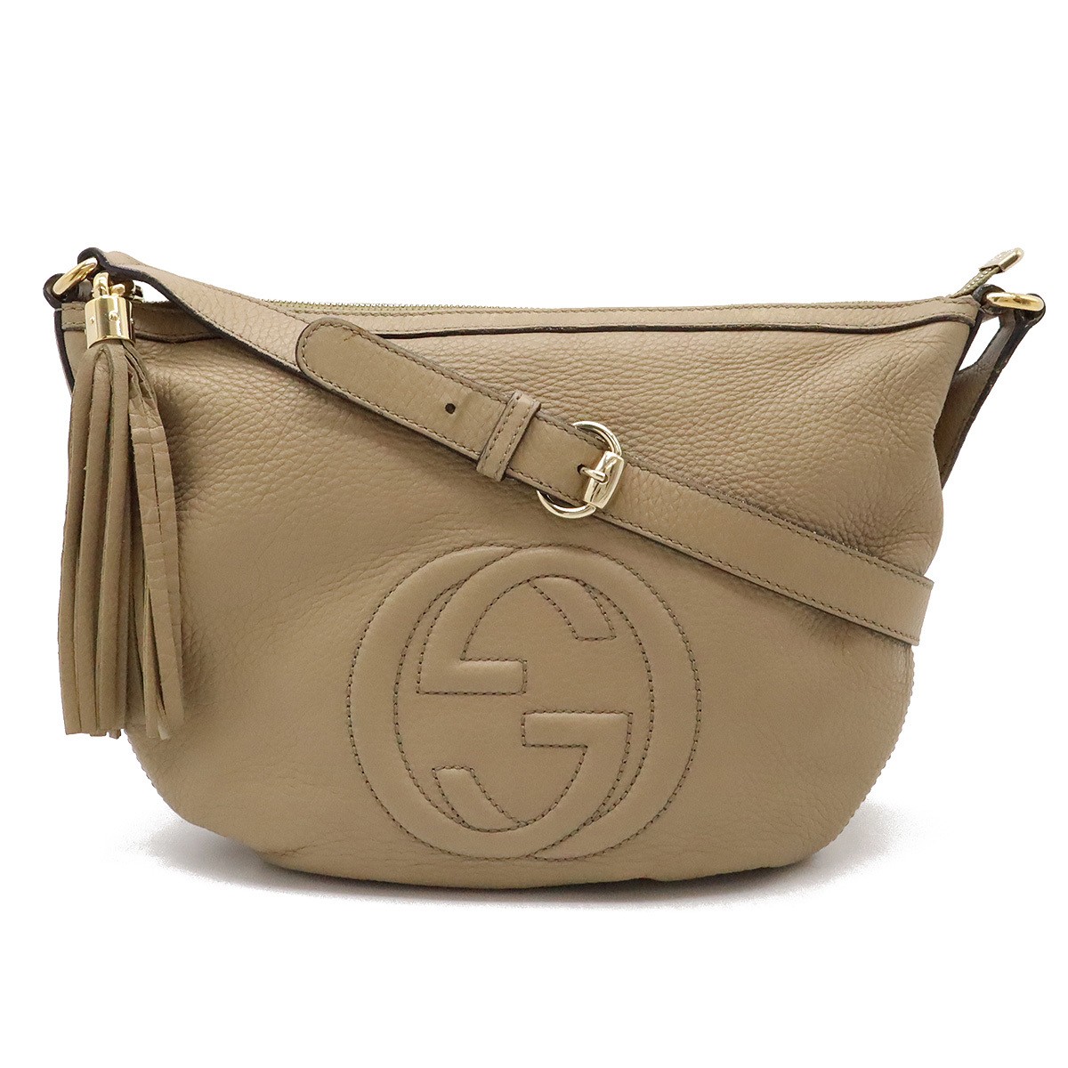 GUCCI Soho Interlocking G Fringe Tassel Shoulder Bag Crossbody Leather Beige Gol