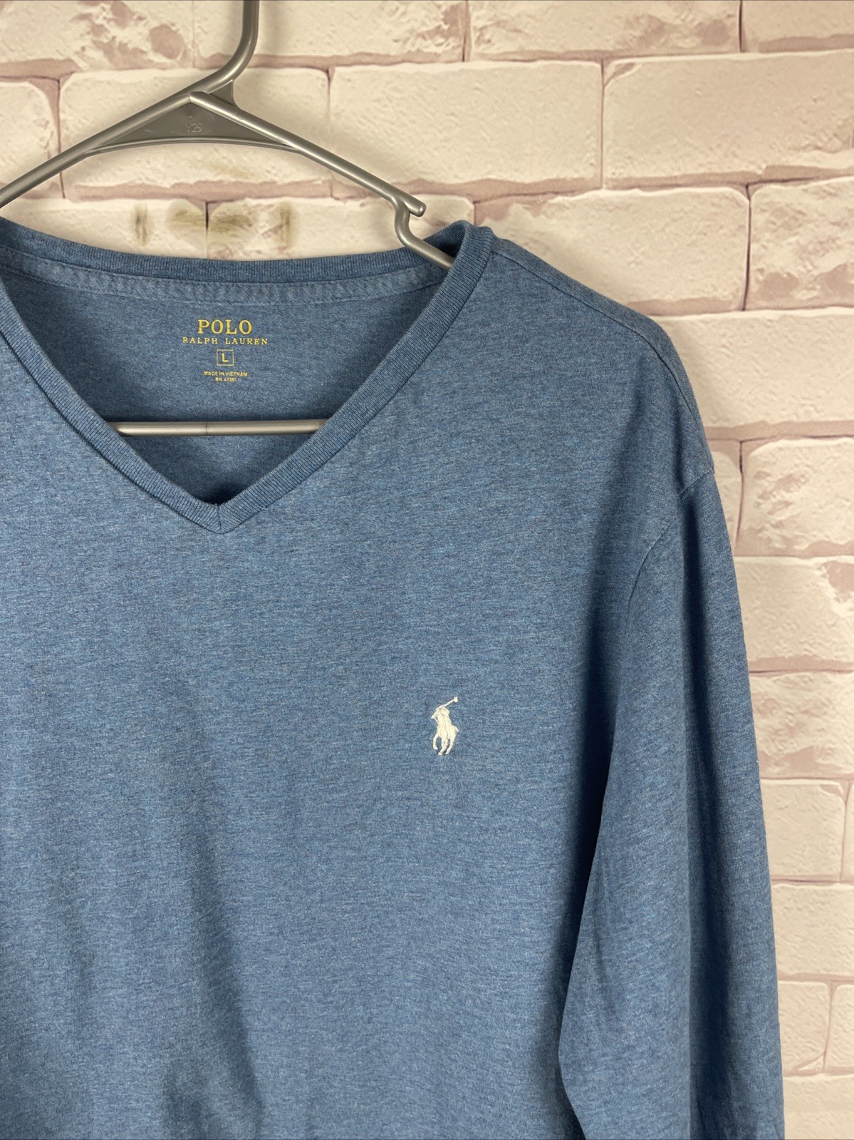 Polo Ralph Lauren t shirt uomo L blu scollo a V manica lunga pony casual