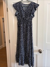Navy Blue & White Flutter Sleeve Maxi Dress