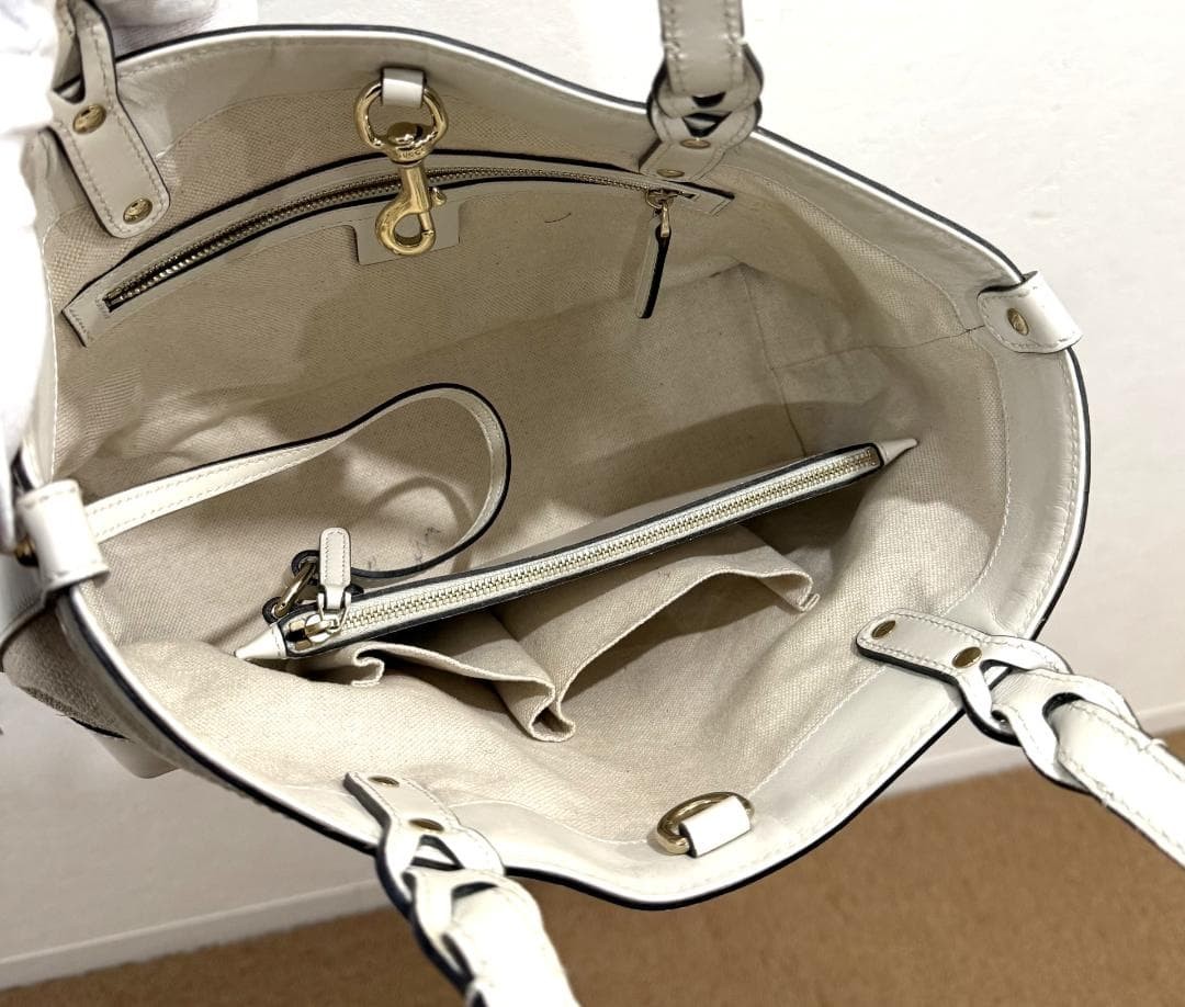 GUCCI Craft Tote Bag Beige White Canvas Leather Women Vintage Authentic thumbnail 6