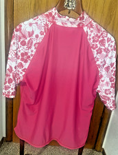 UV Skinz UPF 50 Women's Pink Aloha Short Sleeve; High Neck Sun Swim Shirt