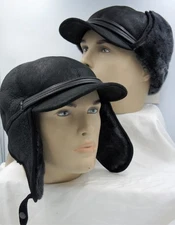 REAL SHEEPSKIN SHEARLING LEATHER Winter Aviator Hat Trapper Pilot S-3XL, BLACK